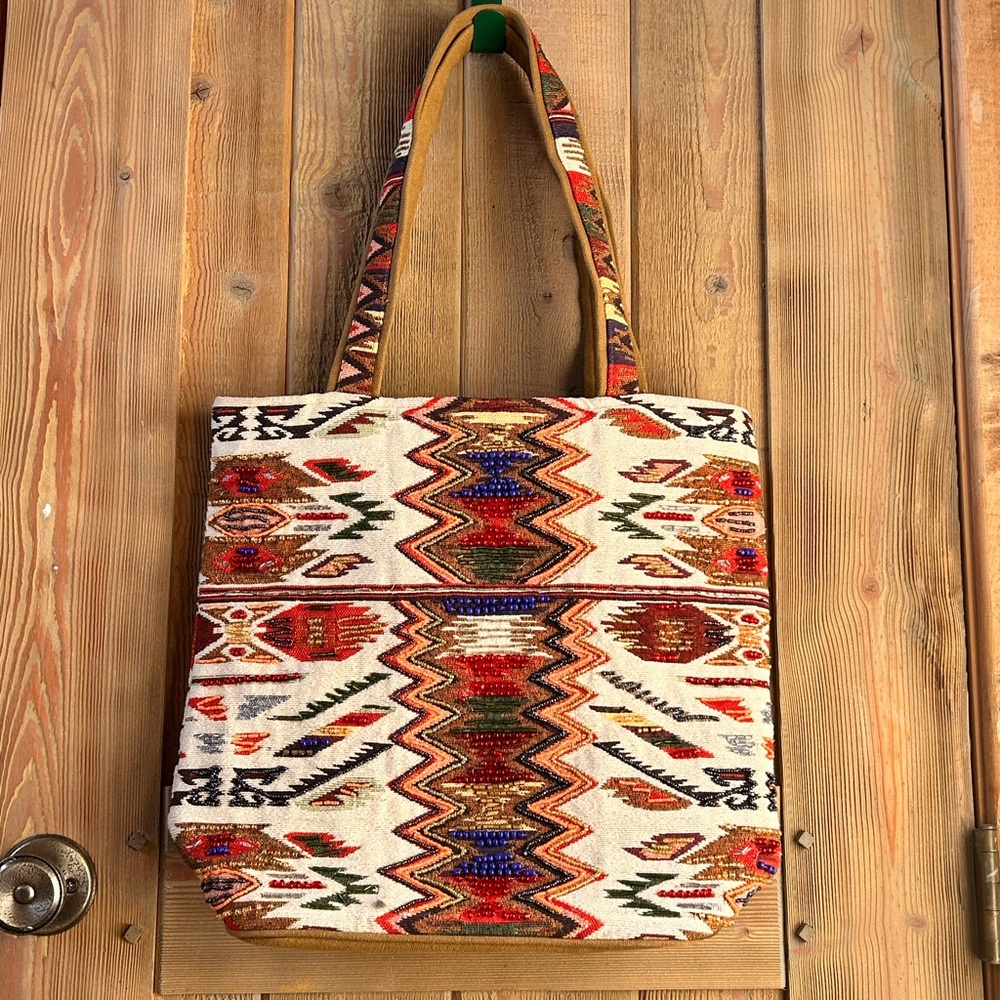 Handwoven Beaded Southwest Tapestry Tote Boho Shoulder Bag